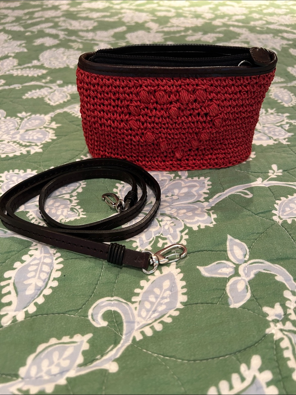 Brighton Red Crochet Heart Crossbody with Dark Brown Strap